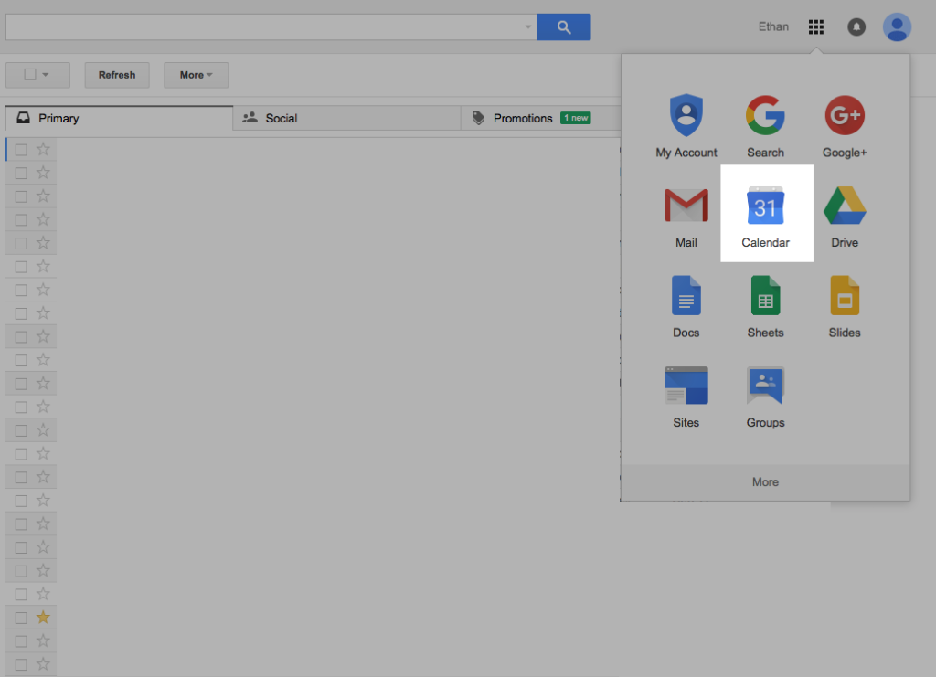 Screen shot of the gmail interface with the pop-over that contains the google calendar icon
