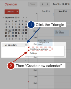 Screen shot and step by step instructions for the first step of creating a google calendar