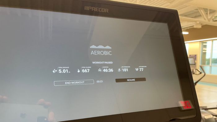 Phone picture of workout stats on the new Precor machine