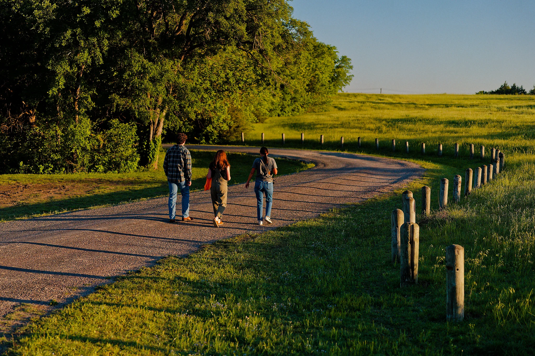 Three people walk away from the camera along a winding gravel road lined with wooden posts, past green trees and an open grassy field in warm evening light.